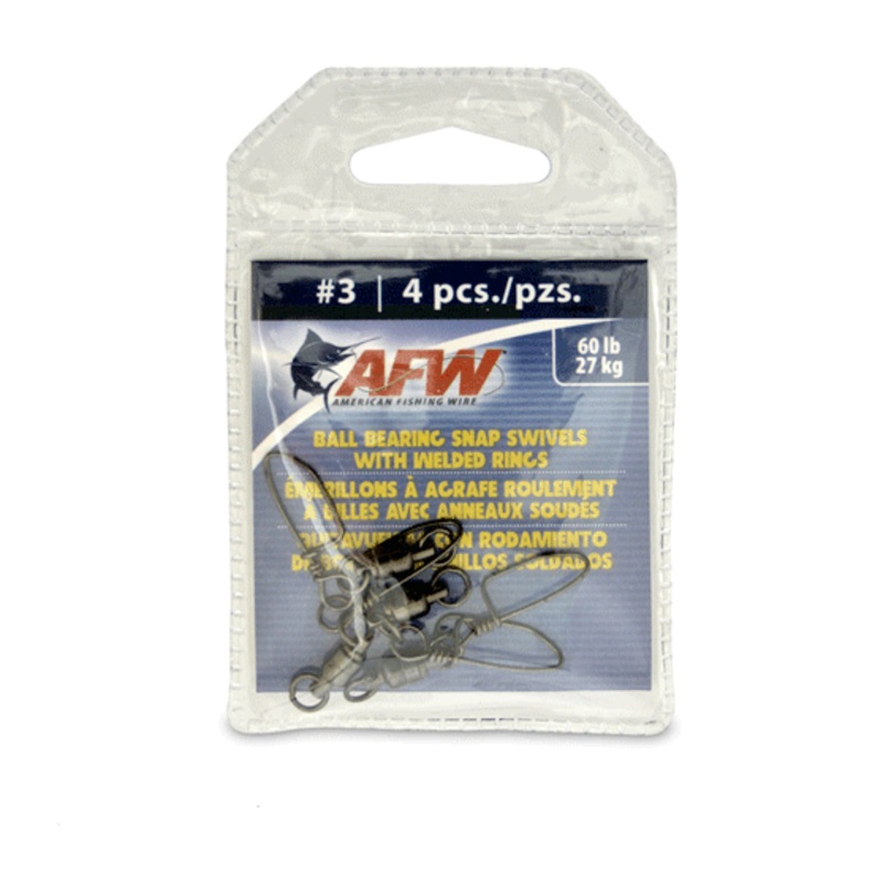 Afw Ball-Bearing Snap Swivels||3 | 60lb [4pk]||4 | 90lb [3pk]||5 | 120lb [3pk]||6 | 180lb [3pk]||7 | 250lb [2pk]||8 | 350lb [2pk]