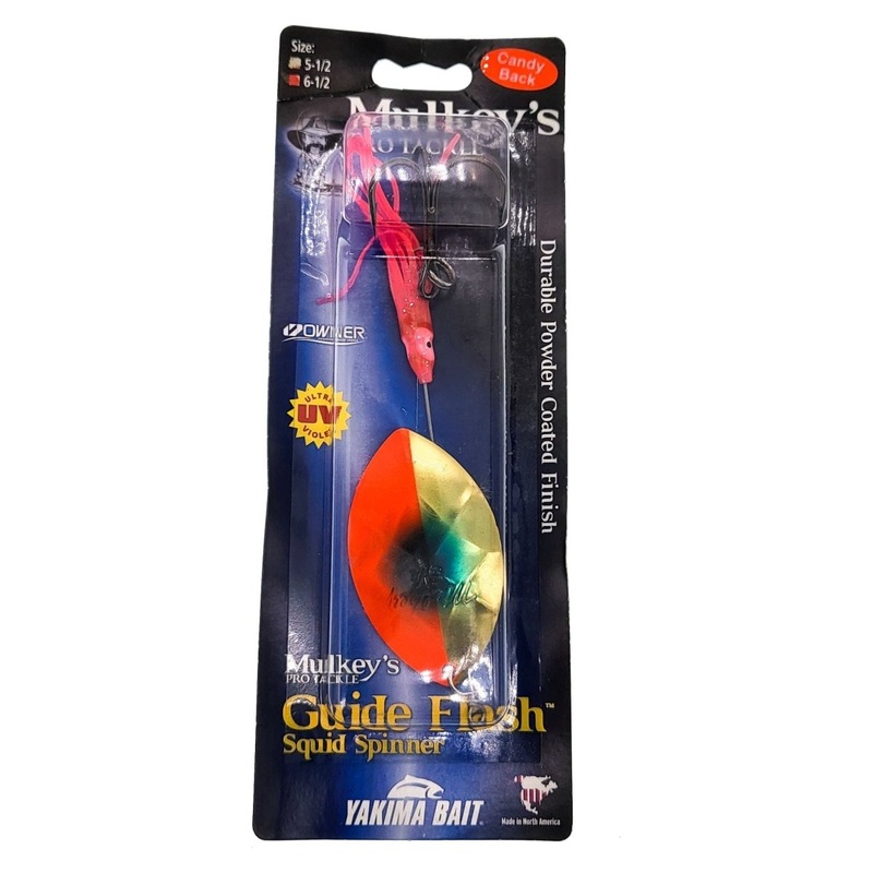 Yakima Bait Mulkey's Guide Flash Squid Spinner 6-1/2 Brass Flame Blue Dot