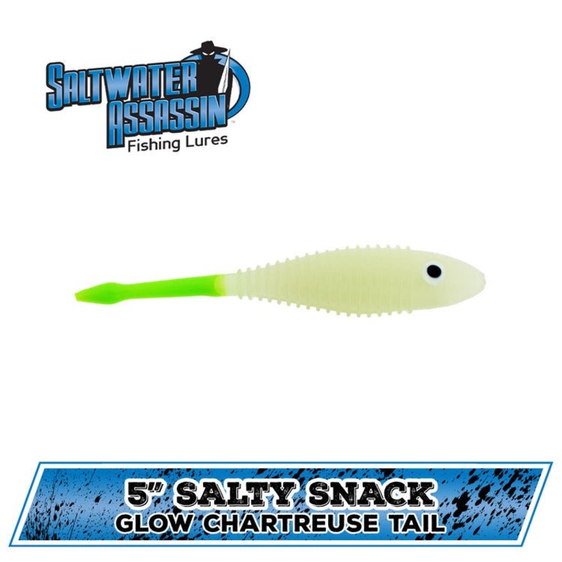 Bass Assassin Salty Snack Soft Jerkbait 5 Glow/Chartreuse Tail Qty 3