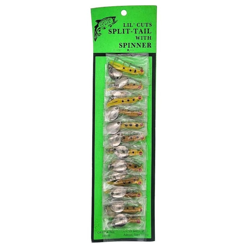 Better Baits Lil' Cuts Split Tail W/ Spinner 1/16 Oz Card Of 12 Yellow Black Dots