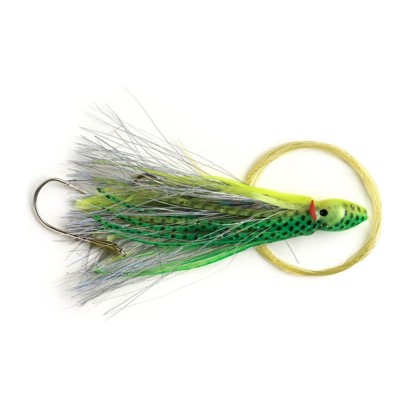 P-Line Rigged Squid W/ Tinsel Insert 4.5 Green/Yellow Black Dots Qty 1