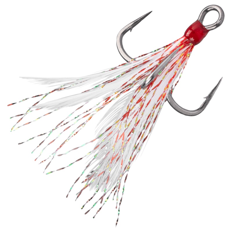 Mustad Tactical Bass Hooks In-Line Triple Grip White/Red Tinsel Qty 2