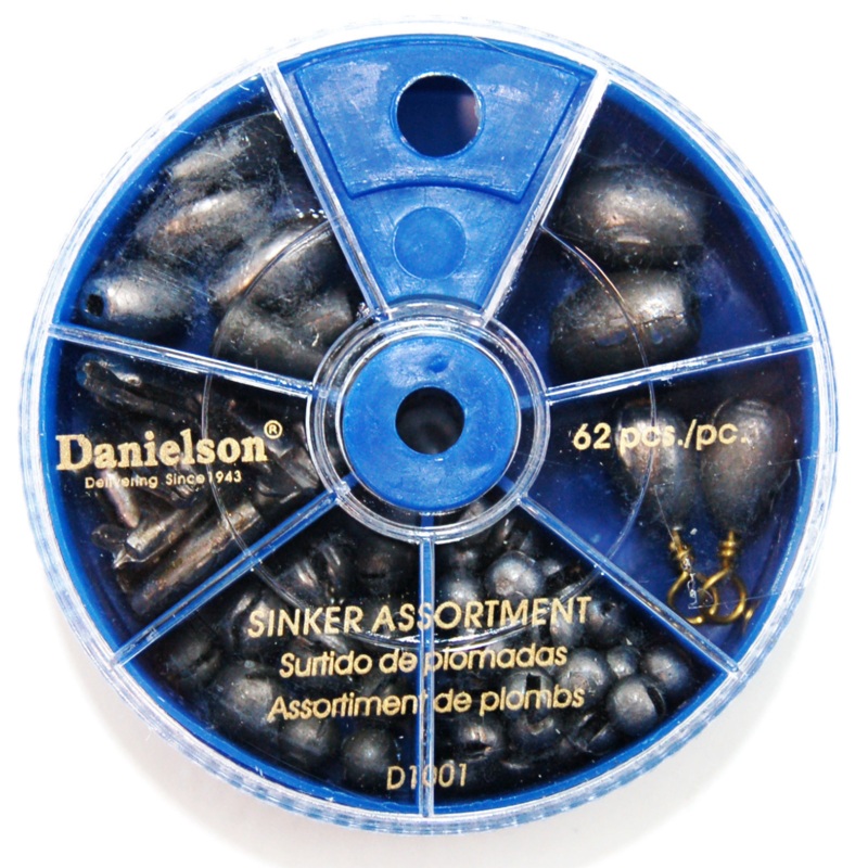 Danielson 62Pc Assorted Dial Box Fishing Slip Shot Pinch On Sinkers Weights