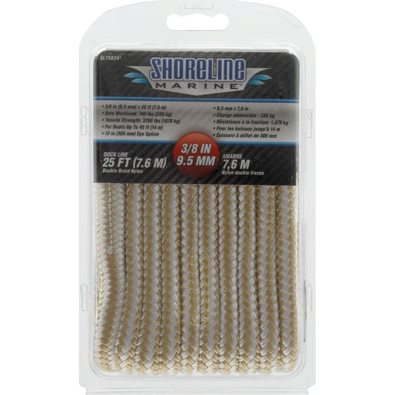 Shoreline Marine Boating & Marine Double Braided Nylon Dock Line - 3/8 X 25' Gold/White